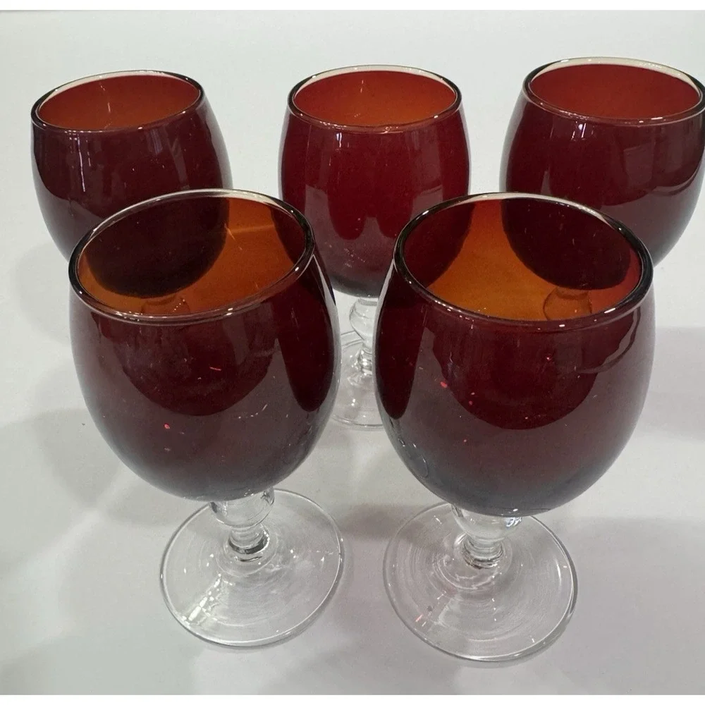 VTG Ruby Flash Glass Wine Water Goblet Clear Ball Stem Grandmillennial Chic